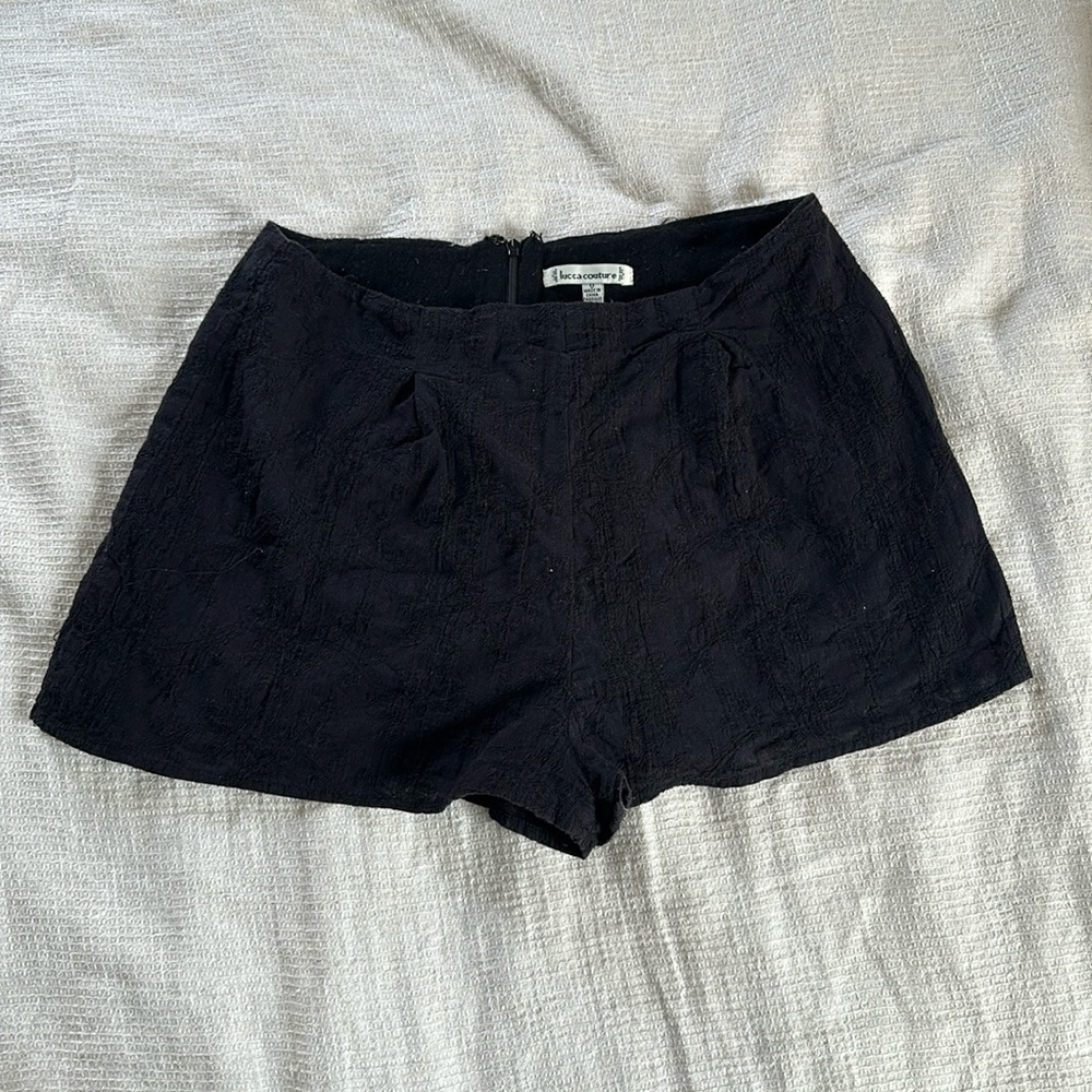 Black linen embroidered high waisted shorts
